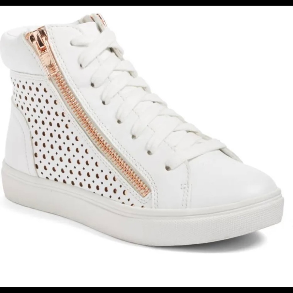 Super cute white high top sneakers with rose gold zippers.